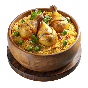 Delicious chicken biryani served in a wooden bowl isolated on transparent background png