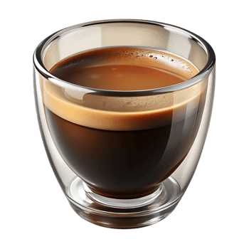 Rich dark espresso coffee with crema in a clear double walled glass png