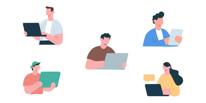 Group of individuals working on devices vector
