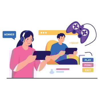 Gamers playing video games together vector