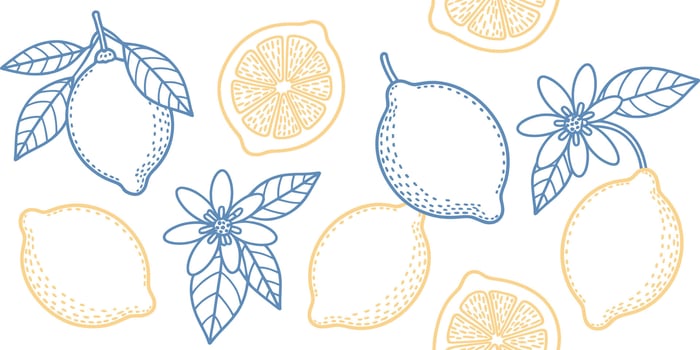 Elegant Lemon Pattern Design with Floral Accents in Blue and Yellow for Textile and Background Uses vector