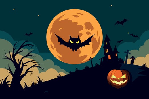 Halloween Night Spooky Cartoon Landscape with Haunted House, Bat, and Jack-o'-lantern under a Full Moon. vector