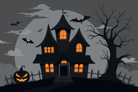 Spooky Halloween Haunted House Illustration Silhouette Style, Dark Moody Atmosphere, Jack-o'-lantern, Bats. vector