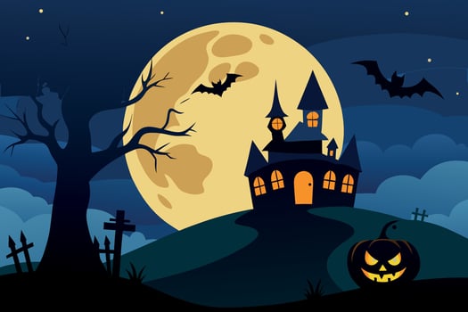 Spooky Halloween Night Haunted House, Full Moon, Bats, Jack-o'-Lantern, Graveyard, Cartoon Style Illustration. vector