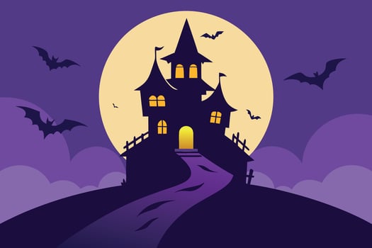 Spooky Halloween Castle Silhouette Purple Night, Full Moon, Bats Flying, Glowing Windows, Winding Path. vector