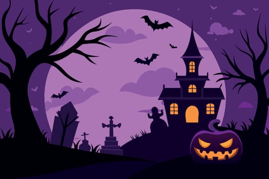 Spooky Halloween Night Haunted House, Jack-o'-Lantern, Bats, Graveyard, Purple Silhouette Illustration vector