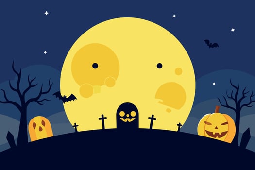 Happy Halloween Night Spooky Cartoon Graveyard Scene with Jack-o'-Lantern and Ghost under Yellow Moon vector