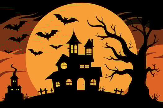 Spooky Halloween Haunted House Silhouette Bats, Orange Moon, Creepy Tree, Flat Design vector