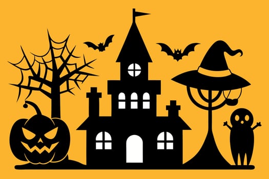 Spooky Halloween Silhouette Haunted House, Jack-o'-lantern, Bats, Witch's Hat, Ghost, and Spiderweb on Yellow Background. vector