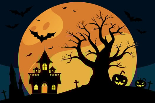 Spooky Halloween Night Haunted House, Jack-o'-lanterns, Bats, and a Creepy Tree Silhouetted Against an Orange Moon. vector