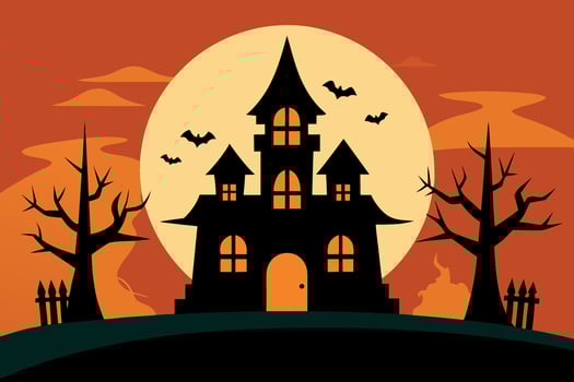 Spooky Halloween Haunted House Silhouette Stylized Illustration, Ominous Night Scene vector