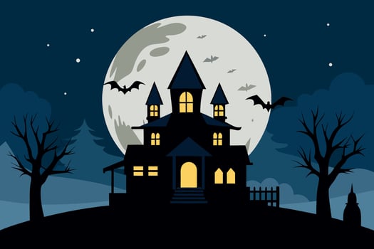 Spooky Halloween Haunted House Silhouette Full Moon, Bats, Dark Trees, Mystical Night Scene. vector