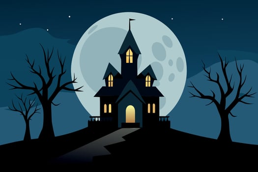 Spooky Halloween Haunted House Illustration Dark Night Scene with Full Moon, Silhouette Trees, and Glowing Windows. vector