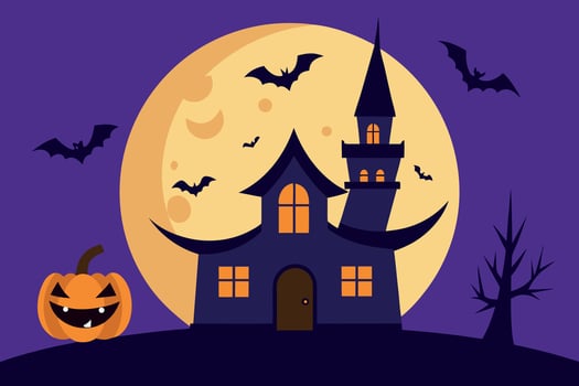 Happy Halloween Cartoon Haunted House, Bats, Full Moon, Pumpkin, Night Scene vector