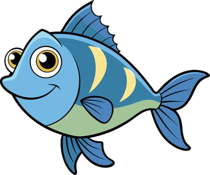 A cheerful cartoon blue fish with yellow eyes swims playfully in an aquatic environment, radiating joy and friendliness. vector