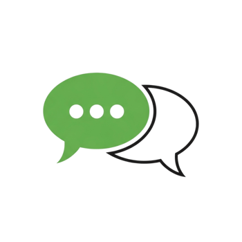 Two green and white speech bubbles with dots representing conversation or messaging isolated on transparent background png