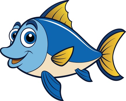 A cheerful cartoon blue fish with yellow fins swims playfully against a white background, conveying a joyful and whimsical mood. vector