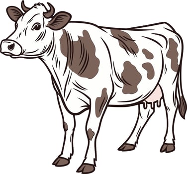 A placid, brown-and-white cow stands serenely against a white background, exuding a sense of calm and rural peace. vector