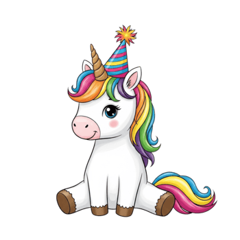Adorable cartoon unicorn wearing a colorful party hat and sporting a rainbow mane and tail isolated on transparent background png