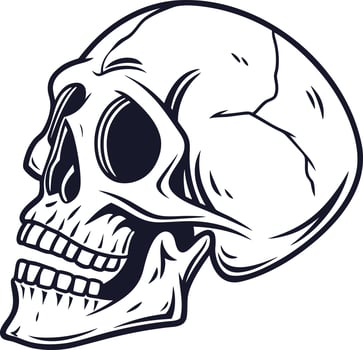 A grinning human skull, rendered in stark black and white line art, is presented in profile view, conveying a darkly humorous and slightly macabre aesthetic. vector