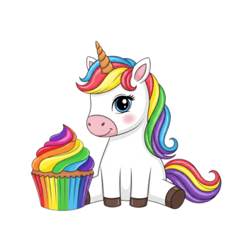 Cute cartoon baby unicorn with a rainbow cupcake isolated on transparent background png