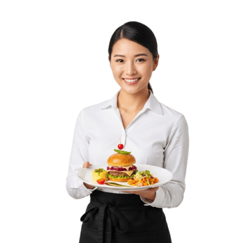 Smiling asian waitress presenting a delicious gourmet burger and fries on a white plate isolated on transparent background png