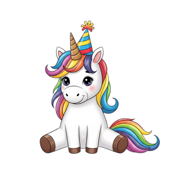Adorable cartoon unicorn with a colorful party hat and rainbow mane and tail isolated on transparent background png