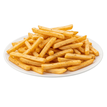 A generous serving of golden brown french fries piled high on a white plate isolated on transparent background png