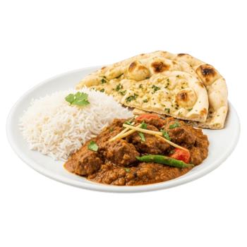 Delicious indian chicken curry with fluffy rice and garlic naan bread isolated on transparent background png