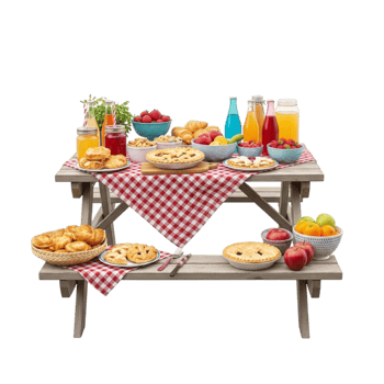 A delightful outdoor picnic spread featuring pies fruits and beverages on a rustic wooden table isolated on transparent background png