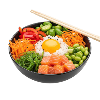 Vibrant salmon poke bowl with fresh ingredients and chopsticks isolated on transparent background png