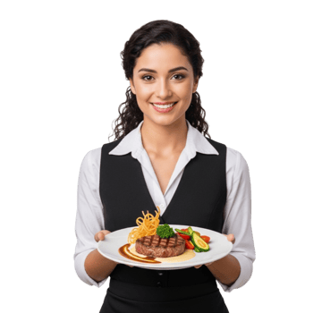 Smiling waitress proudly presents a delicious gourmet meal on a white plate isolated on transparent background png
