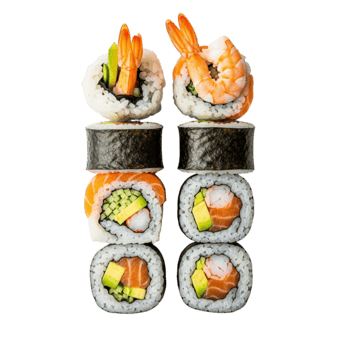 Assortment of delicious sushi rolls featuring shrimp avocado and salmon presented on a clean white surface isolated on transparent background png
