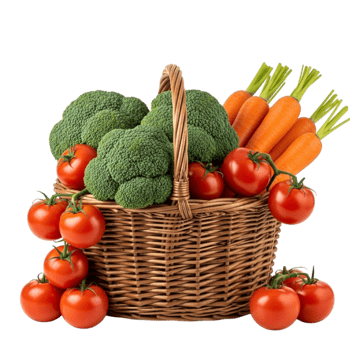 A wicker basket overflowing with fresh broccoli florets ripe red tomatoes and vibrant orange carrots isolated on transparent background png