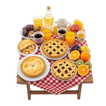 Abundant breakfast spread featuring pies fruits coffee and juice on a picnic table isolated on transparent background png