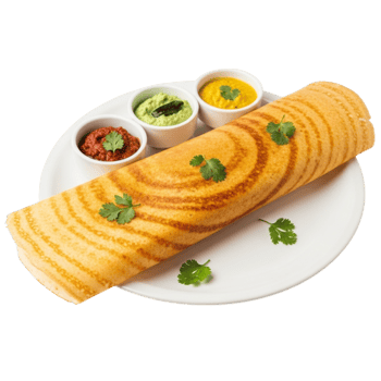 Golden crispy masala dosa served with three flavorful accompaniments on a white plate isolated on transparent background png