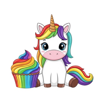 Adorable cartoon baby unicorn with rainbow mane and tail sitting next to a colorful rainbow cupcake isolated on transparent background png