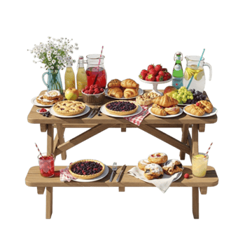 Abundant summer picnic feast with assorted pastries fruits and refreshing beverages on a wooden table isolated on transparent background png