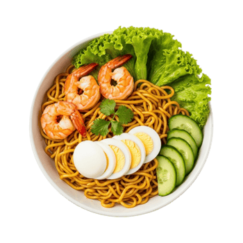 Delicious noodle dish with shrimp eggs cucumber and lettuce isolated on transparent background png