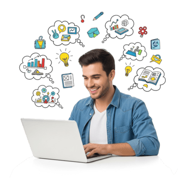 Young man happily working on a laptop with colorful thought bubbles illustrating ideas and concepts isolated on transparent background png