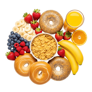 A delicious and healthy breakfast spread featuring bagels fresh berries bananas cereal and orange juice isolated on transparent background png