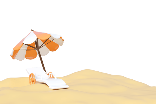 3D rendering of a beach scene with a striped orange and white beach umbrella and a white lounge chair on golden sand. Isolated, perfect for summer vacation and holiday concepts. png