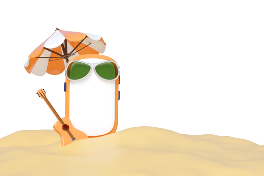 3D render of a smartphone with sunglasses, a beach umbrella, and a guitar on sand against. Concept for summer vacation, travel, mobile apps, or digital detox. png