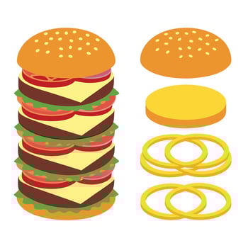 Tall stacked burger with deconstructed ingredients vector