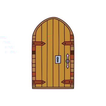 Illustration of a heavy wooden castle door with metal hinges drawn simply vector