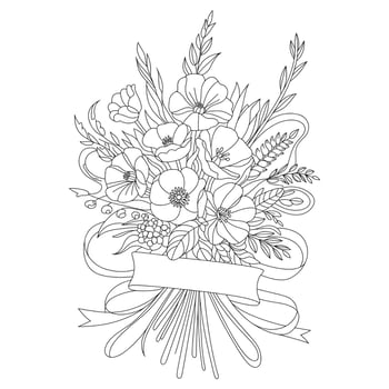 Black and white line art floral bouquet with ribbon banner flowers vector