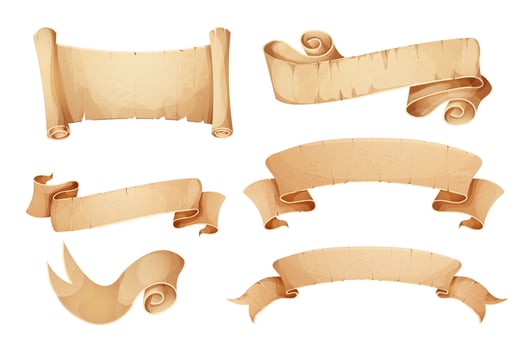 Parchment paper scroll ribbon, old vintage banner game ui element in cartoon style isolated on white background. vector