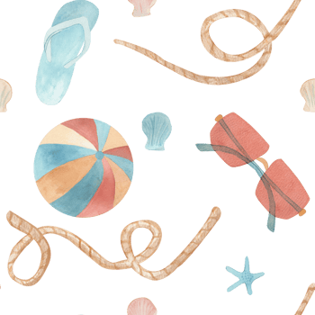 Seamless template Watercolor illustration with ball, flip flop, glasses, Seashells and starfish . composition isolated from the background. For fabrics, wallpaper, beachwear, summer accessories png