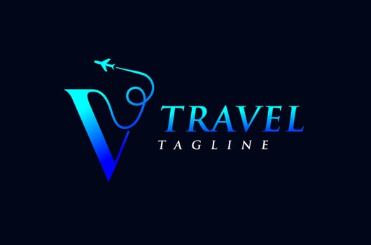 Adventure Travel Logo Design, Letter V Travel Logo, Tourist logo, letter with flying plane logo, modern digital trendy blue color sea wave travel agency Icon Symbol Silhouette Illustration vector
