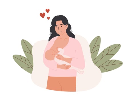 Happy mother breastfeeding newborn baby. Postpartum wellness, bonding, and newborn care concept. Flat Style Illustration for maternal health support and postnatal education. vector